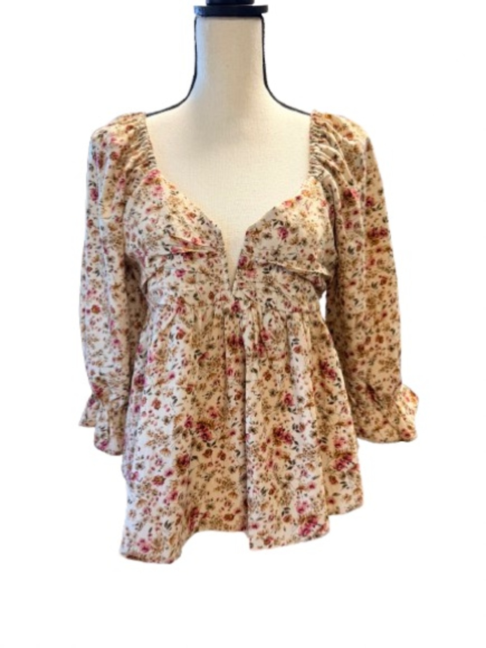 Entro Floral Peplum Blouse NWT Large Puff Sleeve Smocked Back Cottagecore - Picture 2 of 8